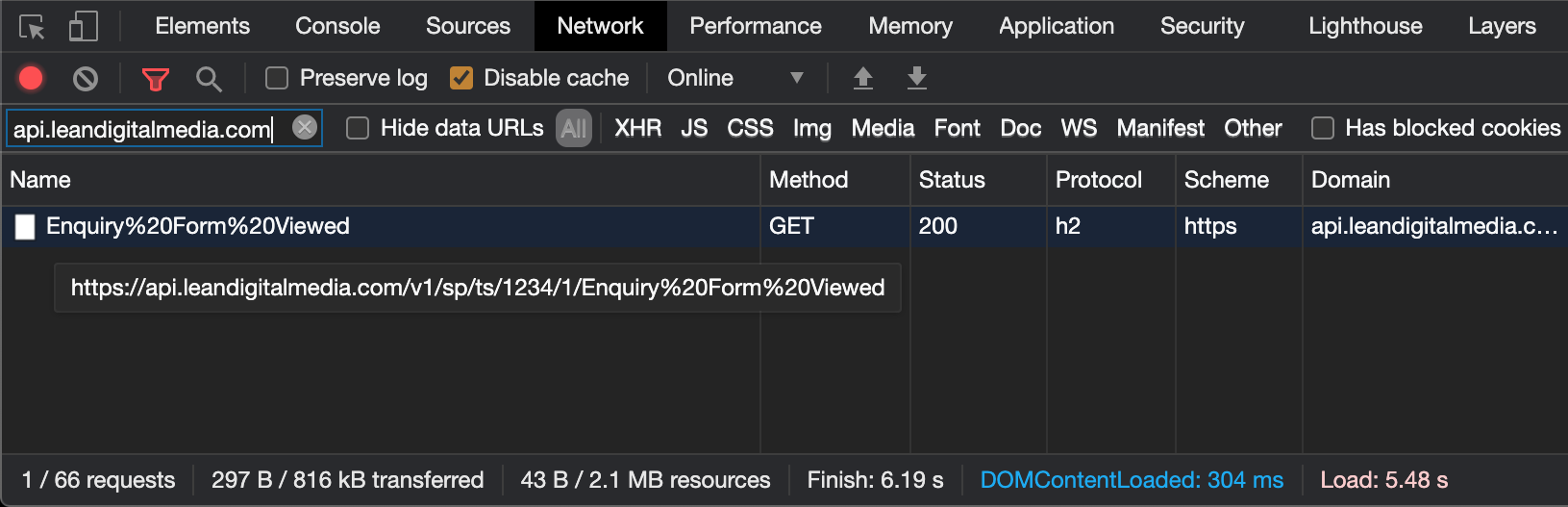 Network panel example